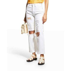 FRAME Denim Jane High Rise Straight Destroyed Rumpled Crop, Blanc White